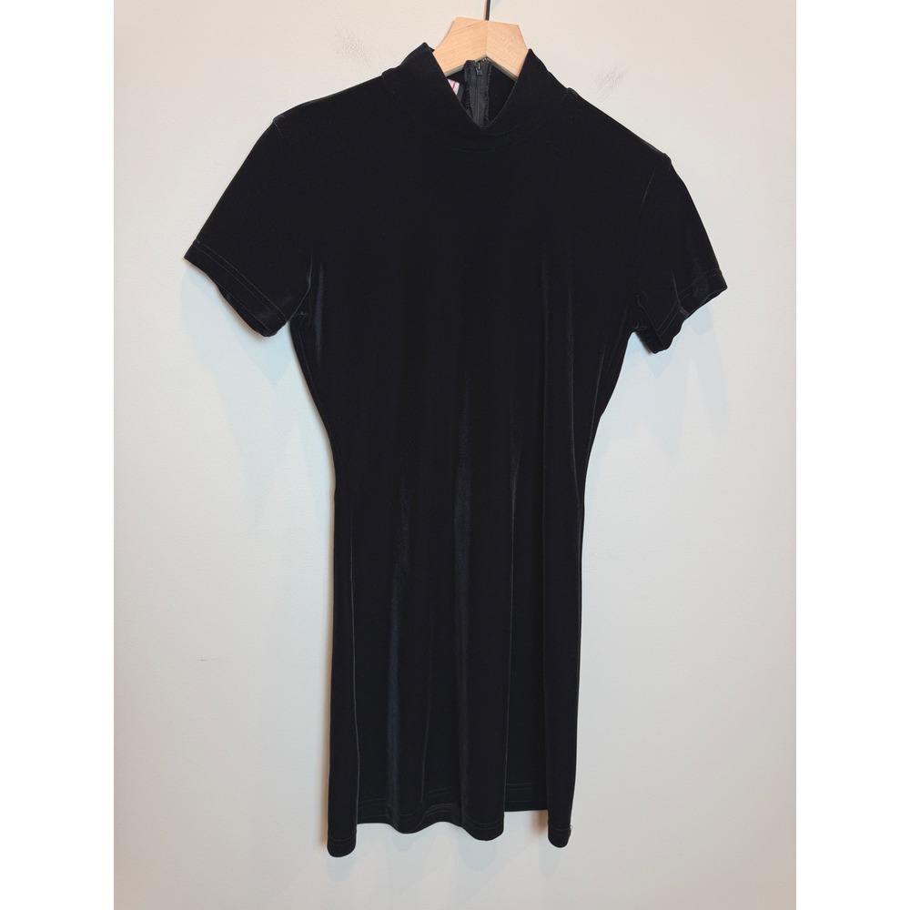 VTG Ultra Flirt Velvet 90s Y2K Black Mock Neck Short Sleeve Mini Dress M Minimal